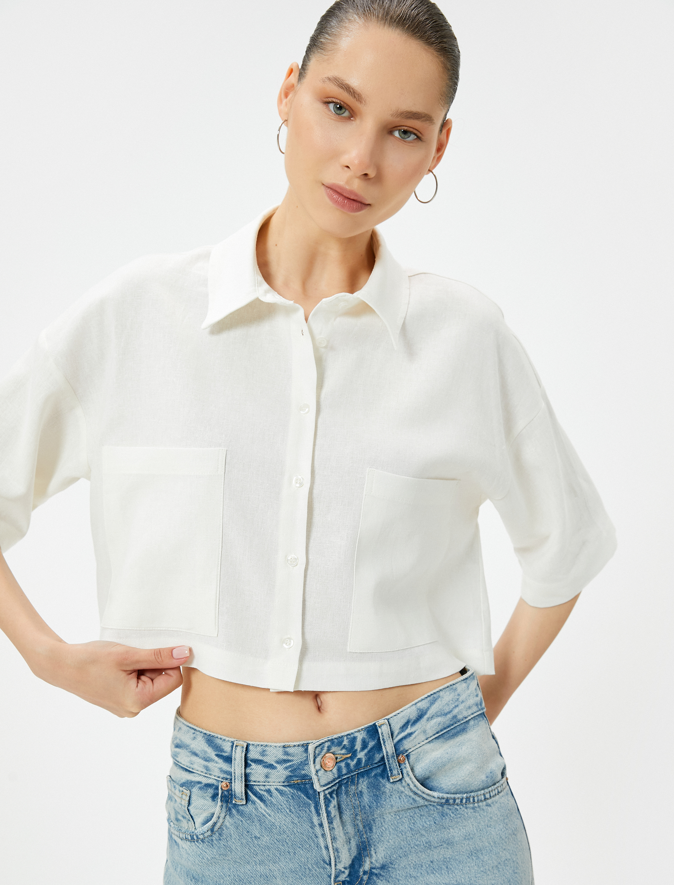   Crop Keten Gömlek Dirsek Boy Kısa Kollu Cepli Rahat Kalıp