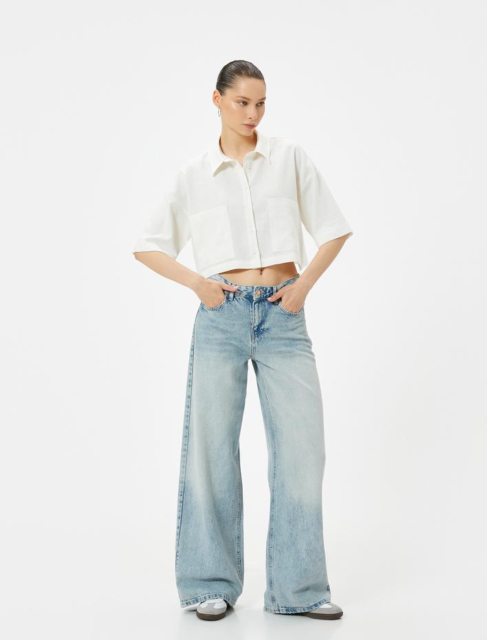  Crop Keten Gömlek Dirsek Boy Kısa Kollu Cepli Rahat Kalıp