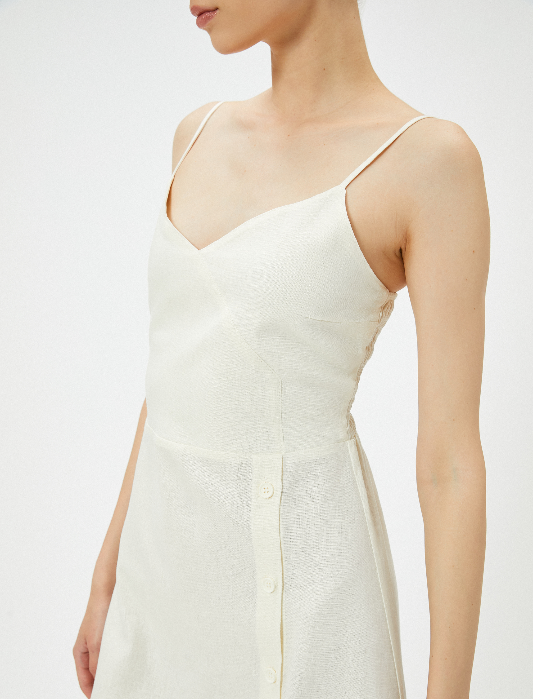   Midi Keten Elbise Kruvaze Yaka Düğme Detaylı İnce Askılı