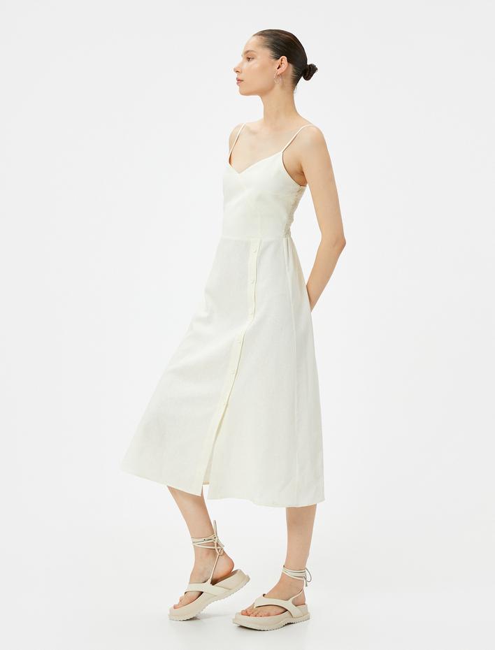  Midi Keten Elbise Kruvaze Yaka Düğme Detaylı İnce Askılı