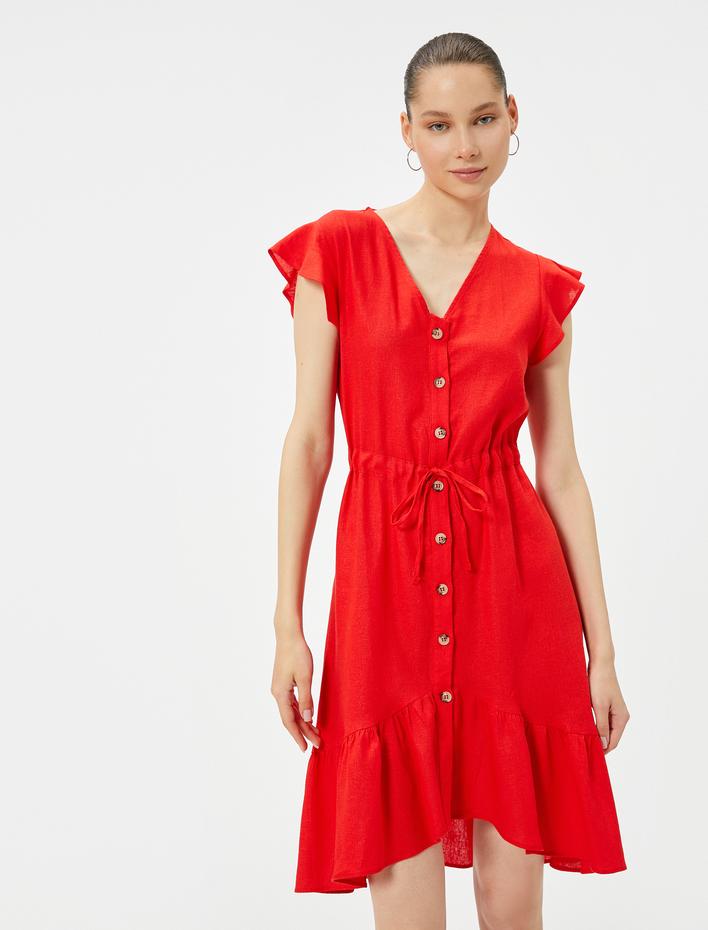  Keten Gömlek Elbise Asimetrik Kesim Fırfırlı Beli Bağlamalı Çan Kol V Yaka