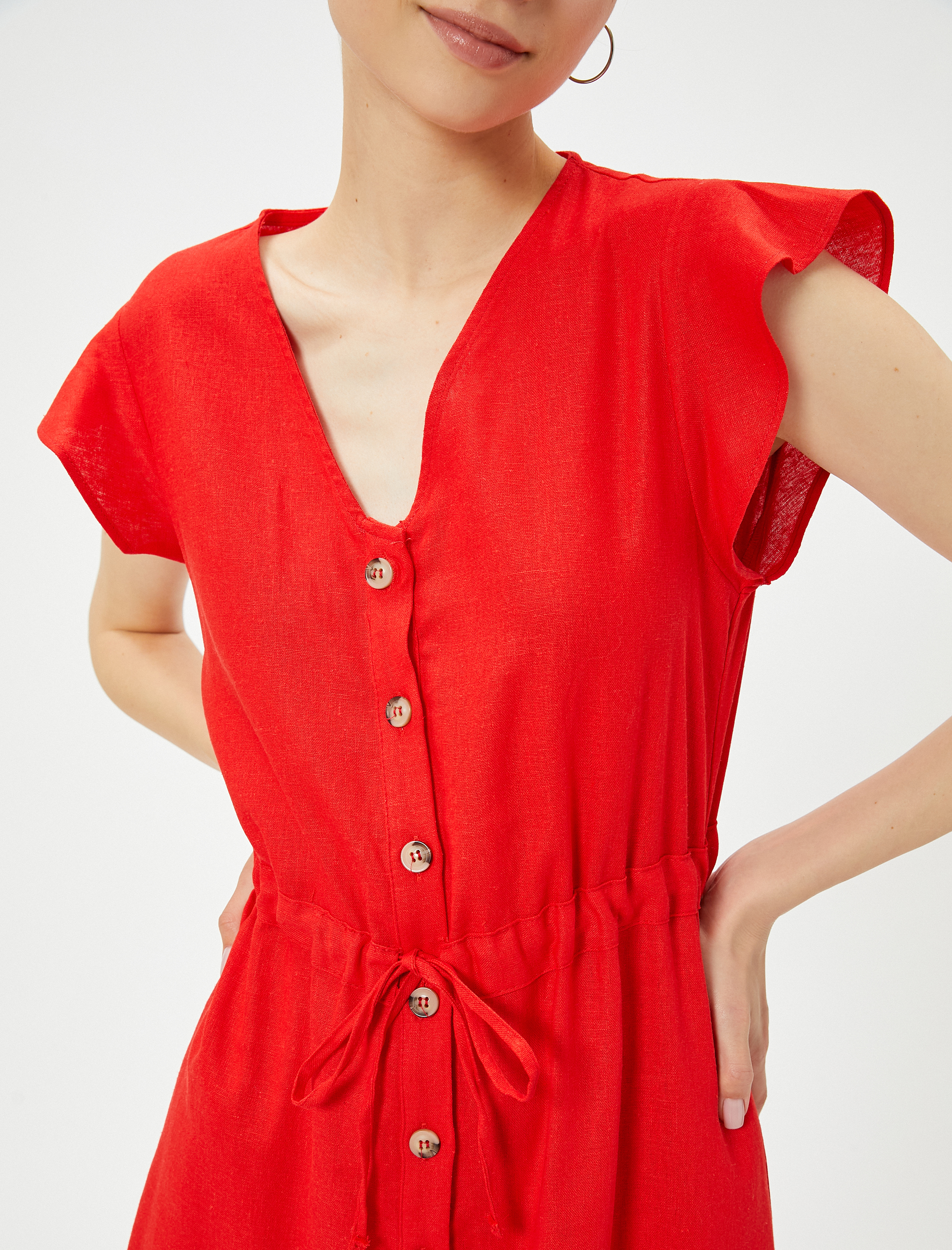   Keten Gömlek Elbise Asimetrik Kesim Fırfırlı Beli Bağlamalı Çan Kol V Yaka