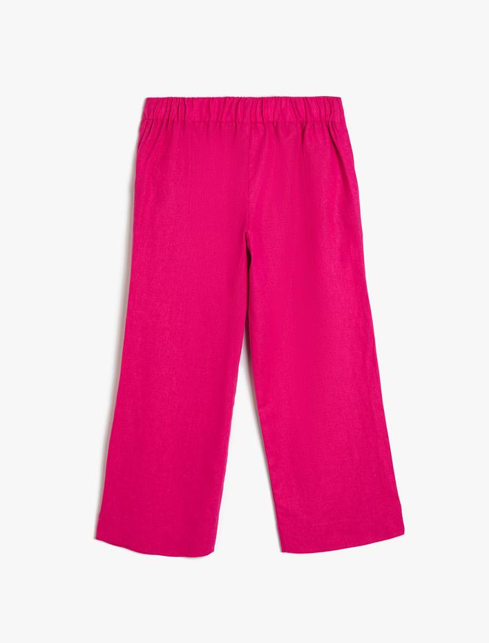 Kız Çocuk Keten Pantolon Bol Paça Düğme Detaylı Cepli