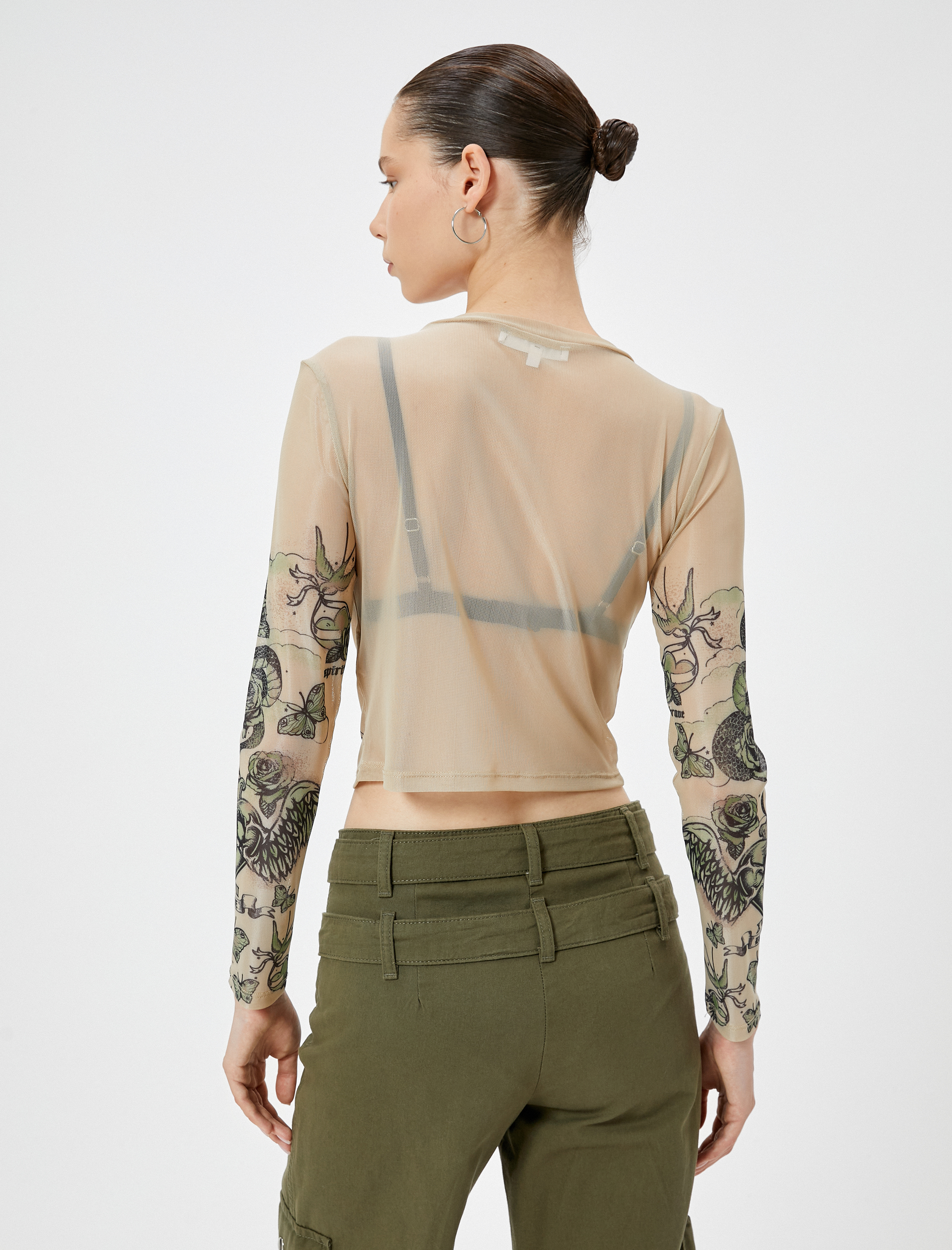   Crop Tül Tişört Uzun Kollu Baskılı Bisiklet Yaka Slim Fit