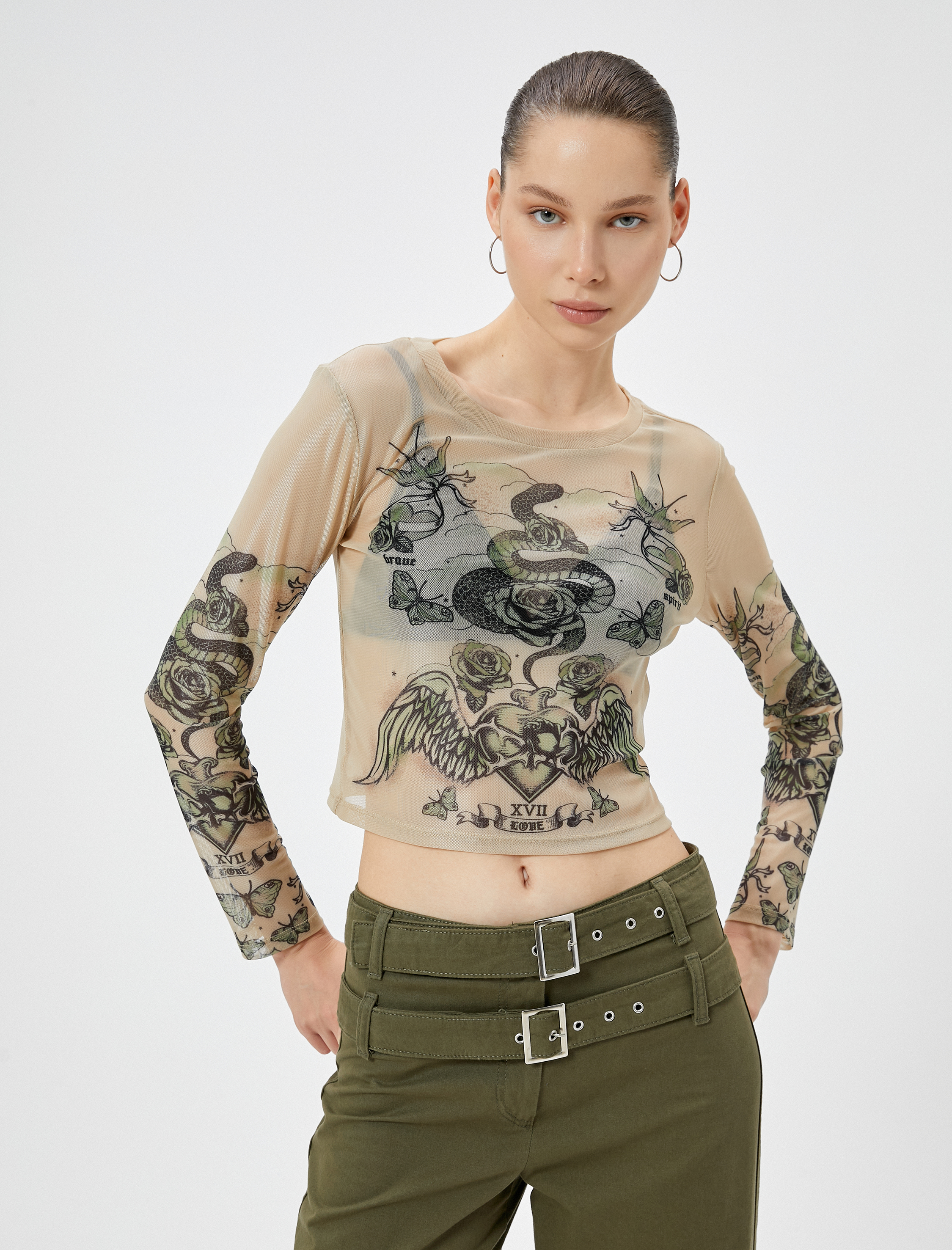   Crop Tül Tişört Uzun Kollu Baskılı Bisiklet Yaka Slim Fit