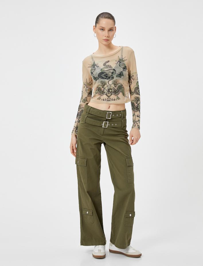  Crop Tül Tişört Uzun Kollu Baskılı Bisiklet Yaka Slim Fit