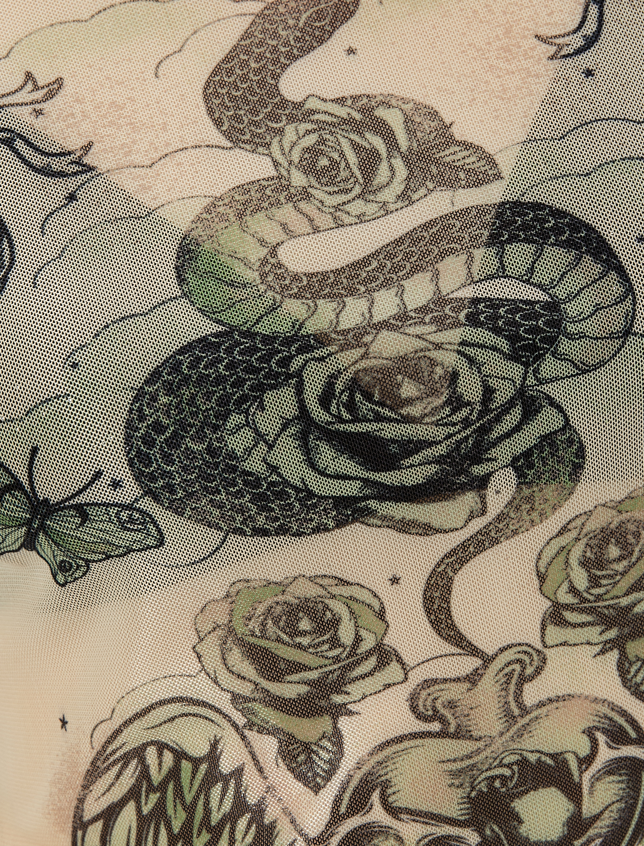   Crop Tül Tişört Uzun Kollu Baskılı Bisiklet Yaka Slim Fit