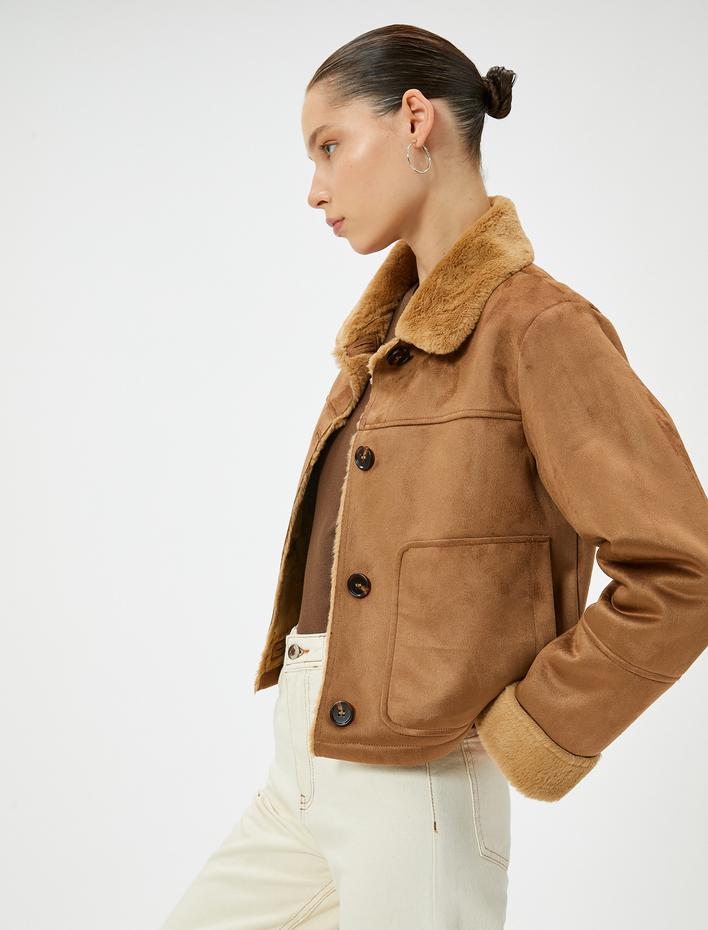  Suni Deri Süet Ceket Kürk Yaka Düğmeli Cepli Slim Fit