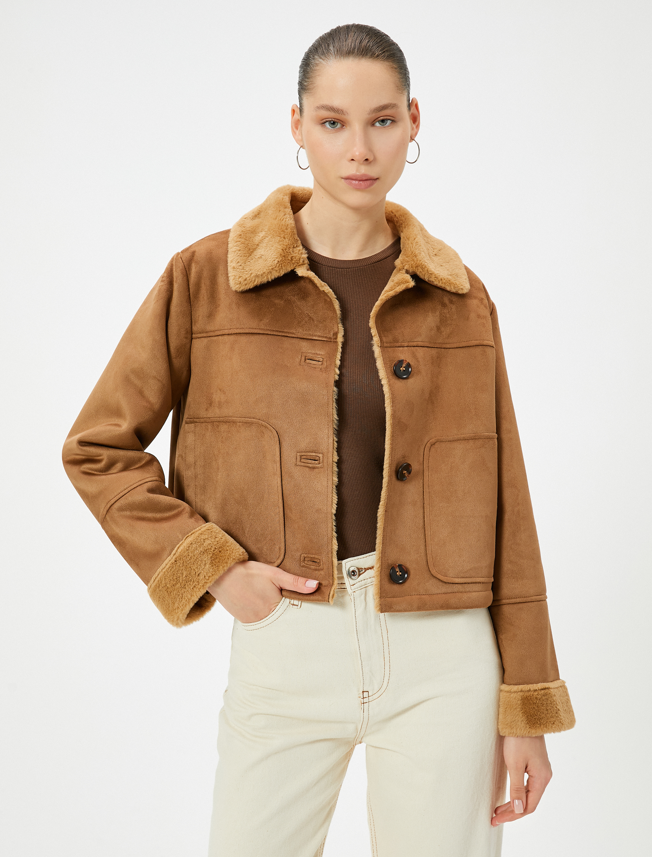 Suni Deri Süet Ceket Kürk Yaka Düğmeli Cepli Slim Fit