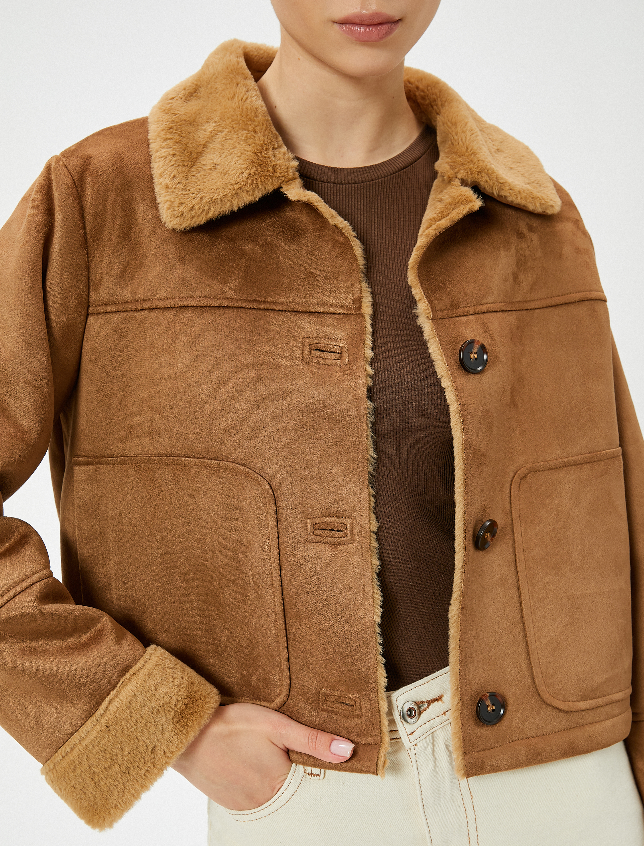 Suni Deri Süet Ceket Kürk Yaka Düğmeli Cepli Slim Fit