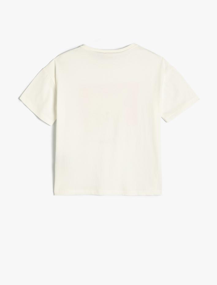 Kız Çocuk Tişört Kısa Kollu Kedi Baskılı Bisiklet Yaka Pamuklu