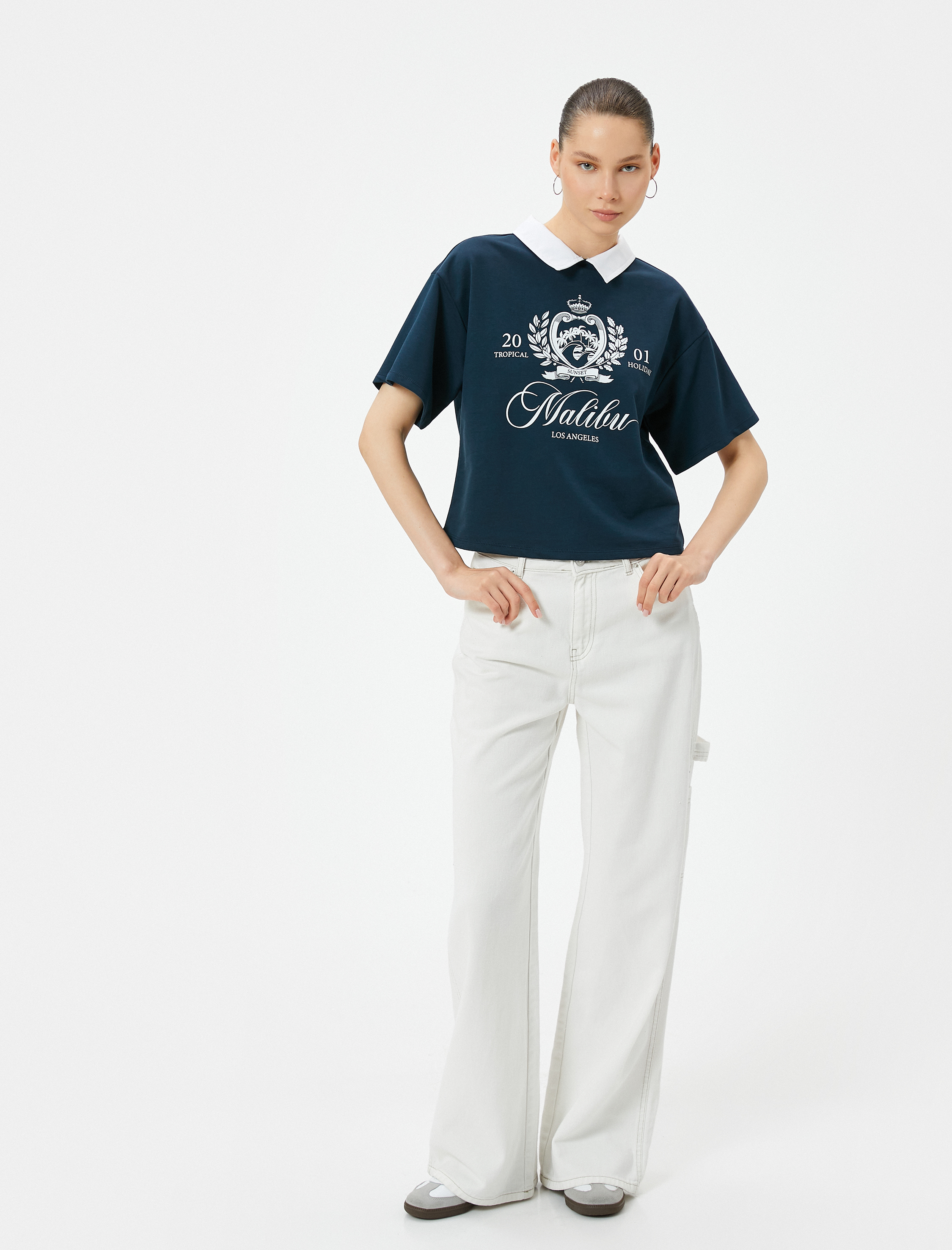   Gömlek Yaka Tişört Kısa Kollu Baskılı Pamuklu