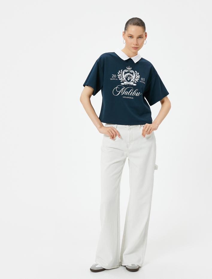  Gömlek Yaka Tişört Kısa Kollu Baskılı Pamuklu