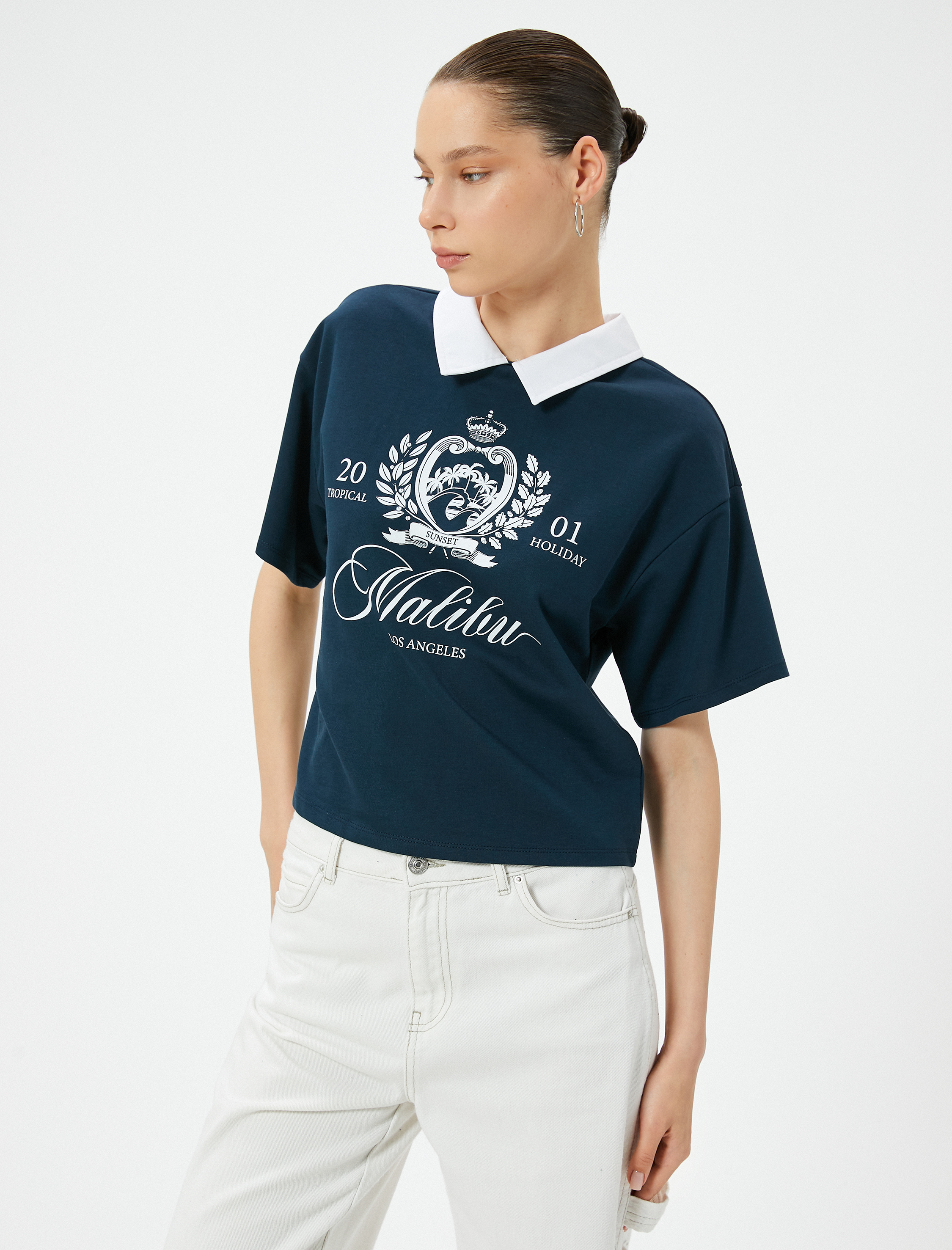   Gömlek Yaka Tişört Kısa Kollu Baskılı Pamuklu