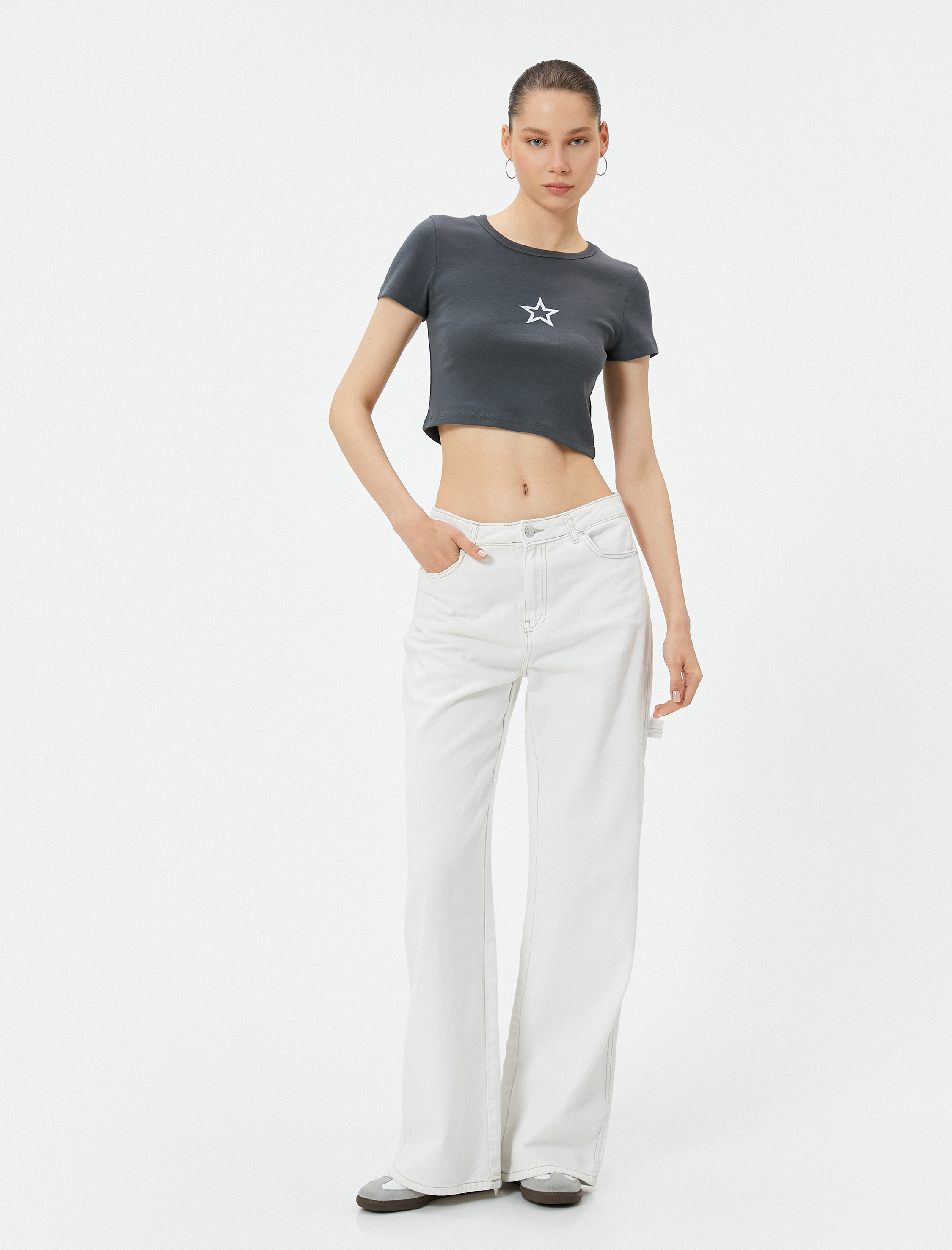   Basic Crop Tişört Kısa Kollu Bisiklet Yaka