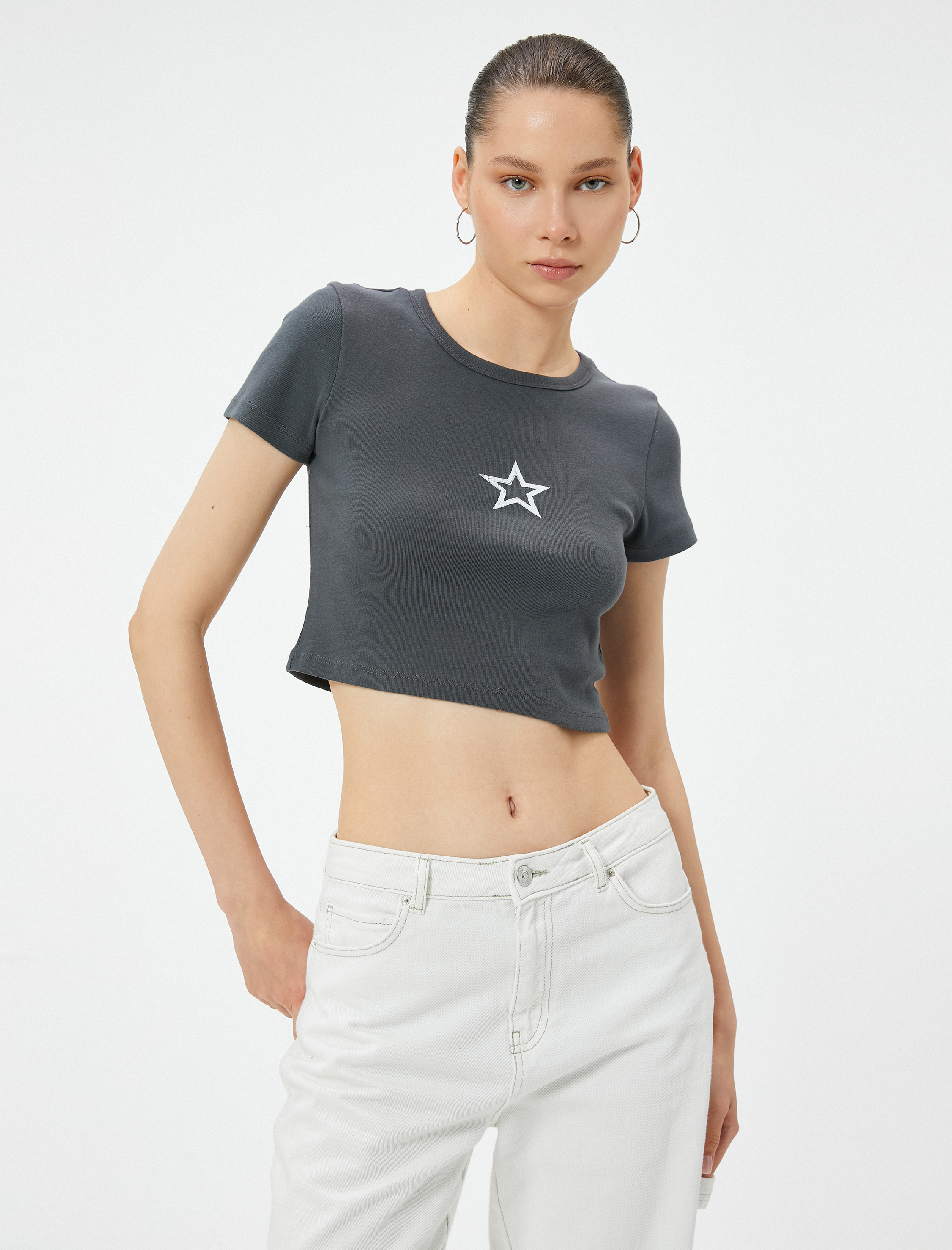   Basic Crop Tişört Kısa Kollu Bisiklet Yaka