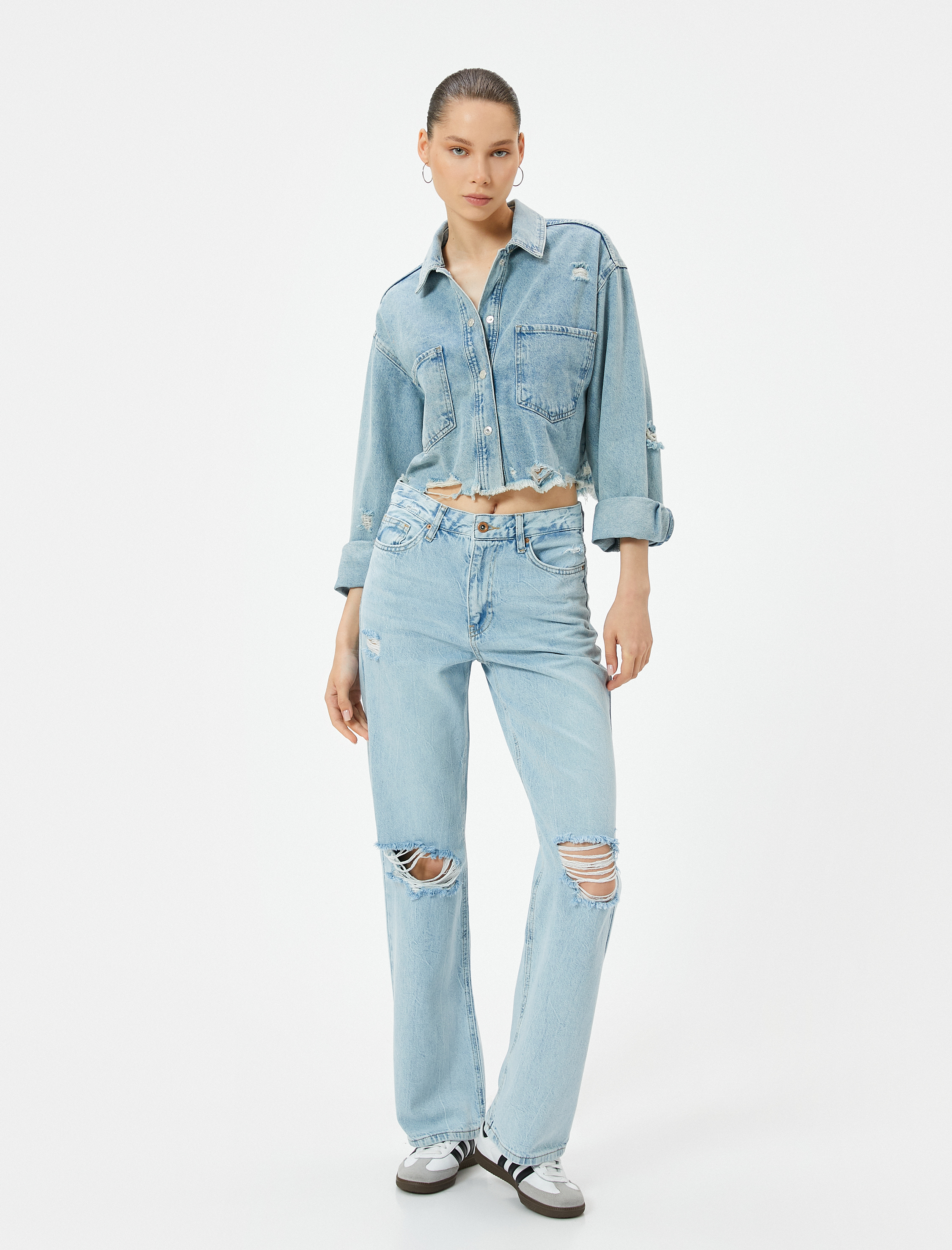   Düz Paça Yırtık Kot Pantolon Cepli - Eve Straight Jeans