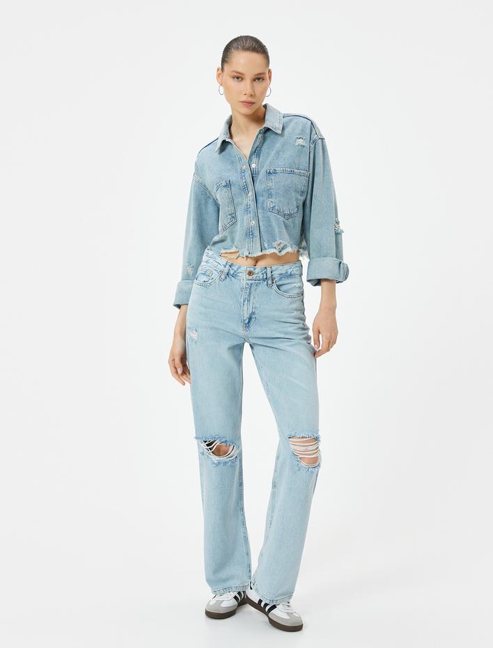  Düz Paça Yırtık Kot Pantolon Cepli - Eve Straight Jeans