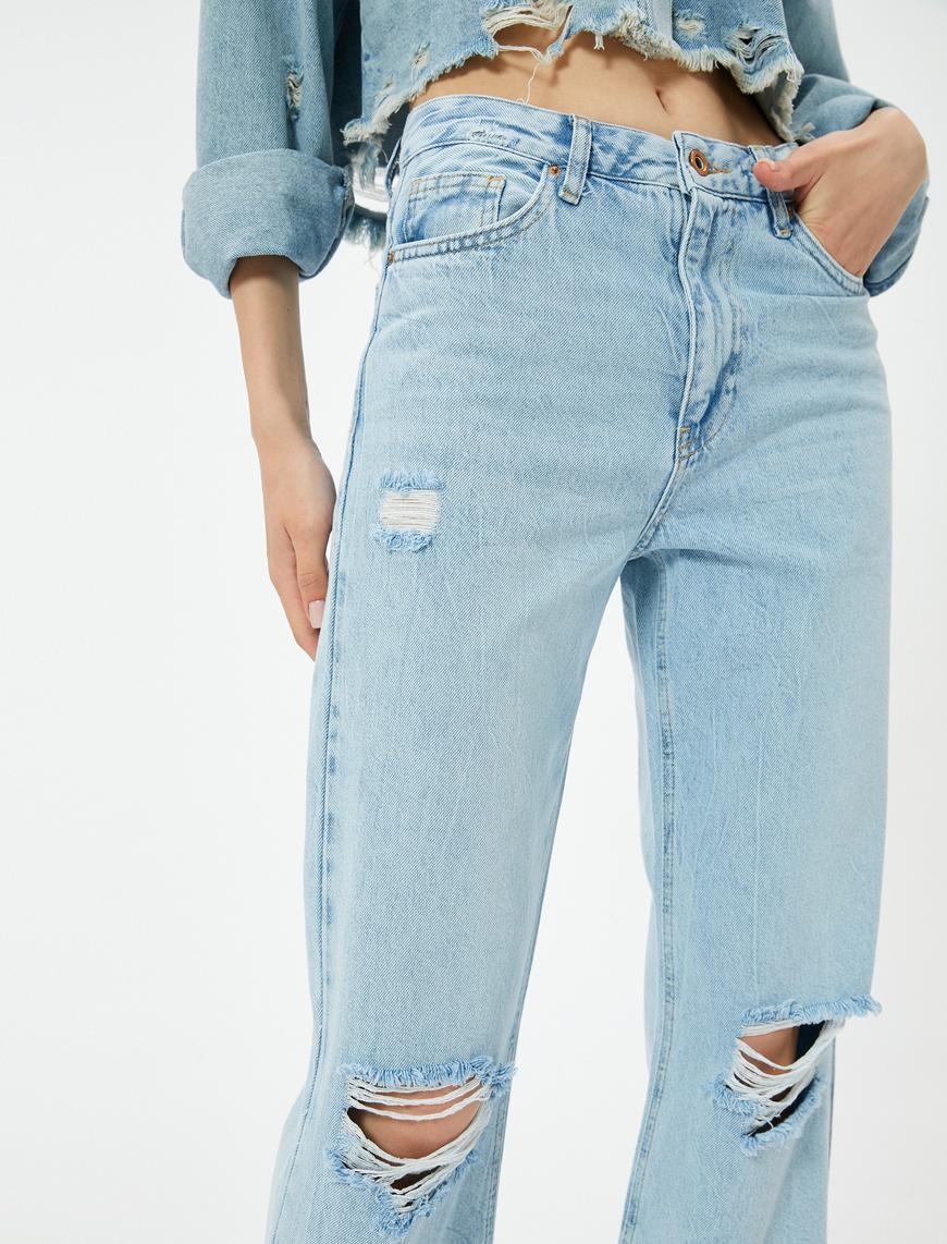   Düz Paça Yırtık Kot Pantolon Cepli - Eve Straight Jeans
