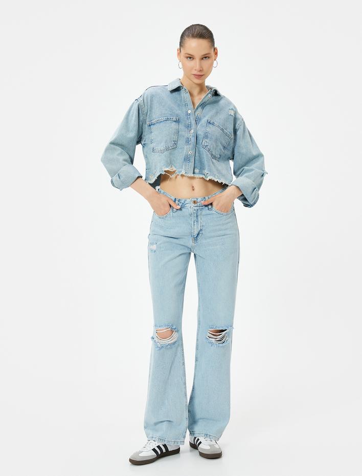  Düz Paça Yırtık Kot Pantolon Cepli - Eve Straight Jeans