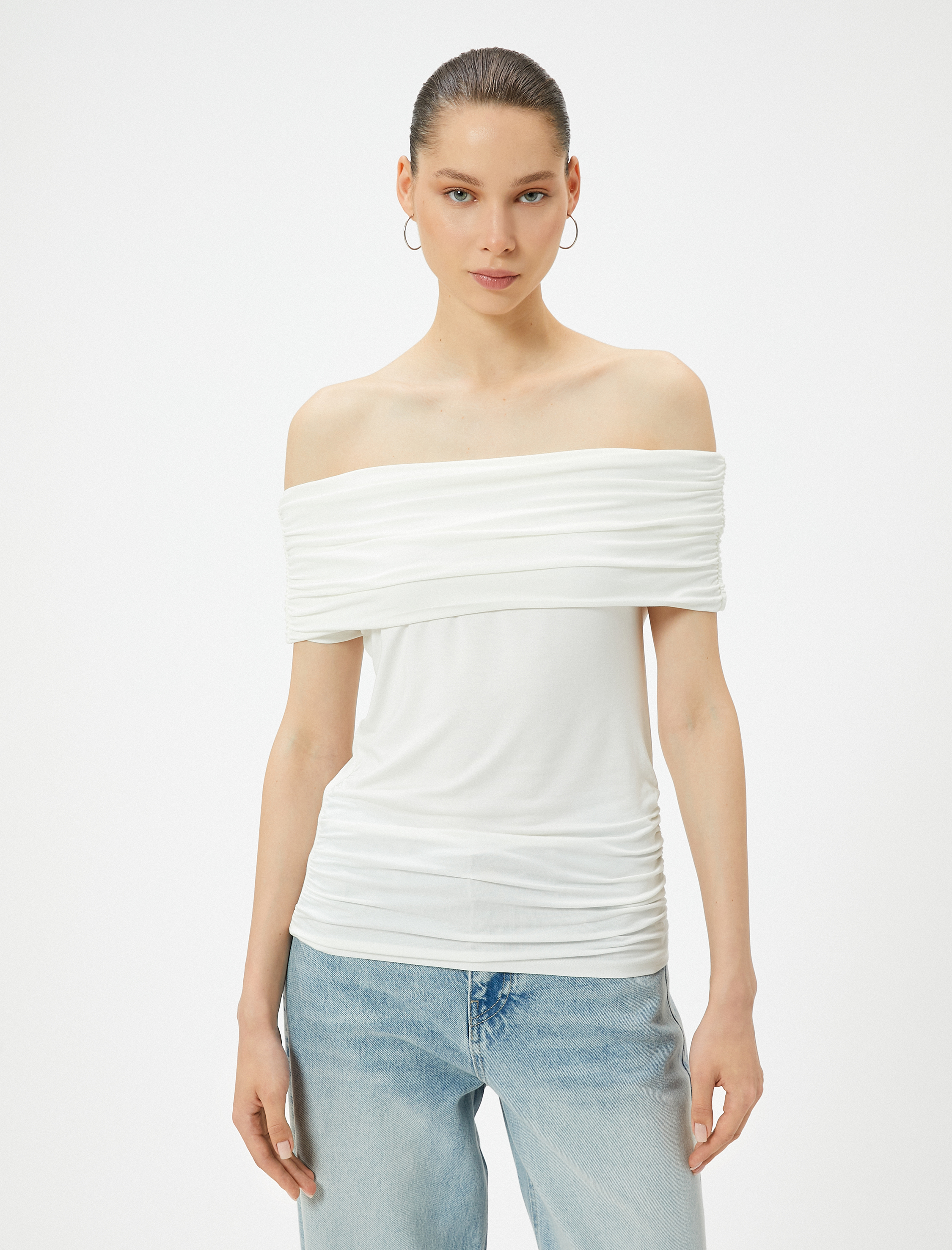   Omzu Açık Tişört Drape Detaylı Slim Fit Viskoz Kumaş