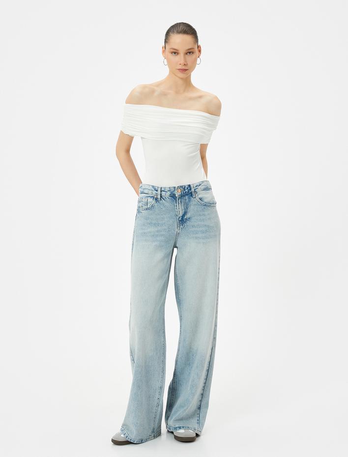  Omzu Açık Tişört Drape Detaylı Slim Fit Viskoz Kumaş