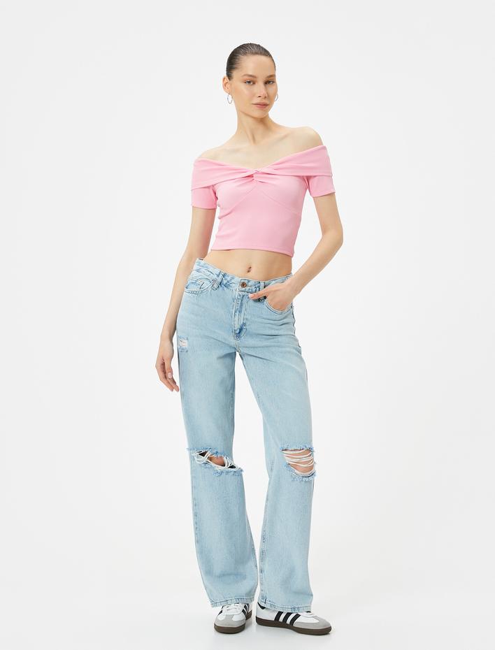  Crop Omzu Açık Madonna Yaka Tişört Fitilli Kısa Kollu Düğüm Detaylı