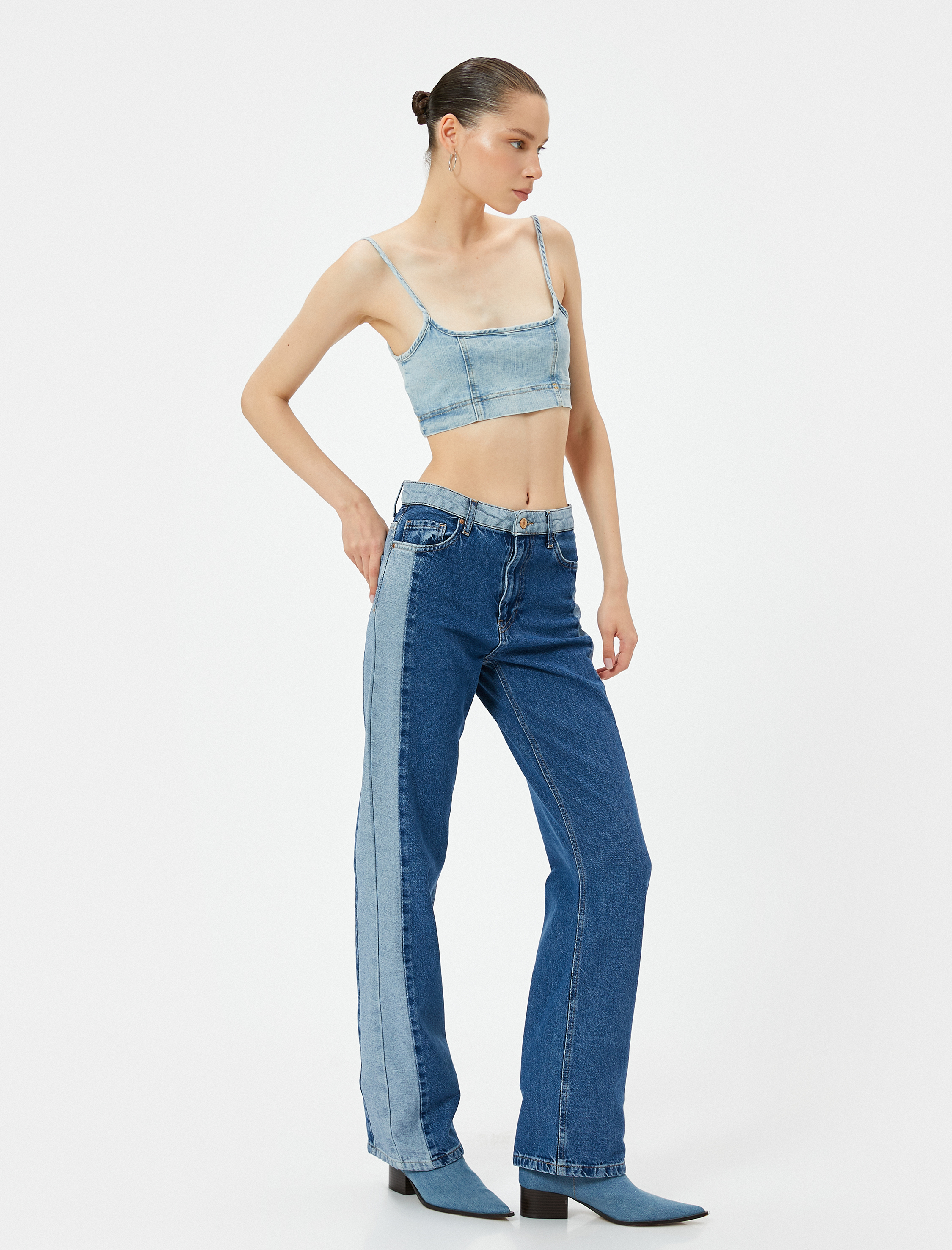   Çift Renk Düz Paça Kot Pantolon Yüksek Bel Cepli - Nora Longer Straight Jeans