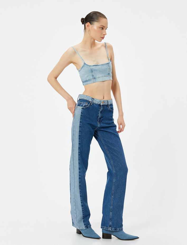  Çift Renk Düz Paça Kot Pantolon Yüksek Bel Cepli - Nora Longer Straight Jeans