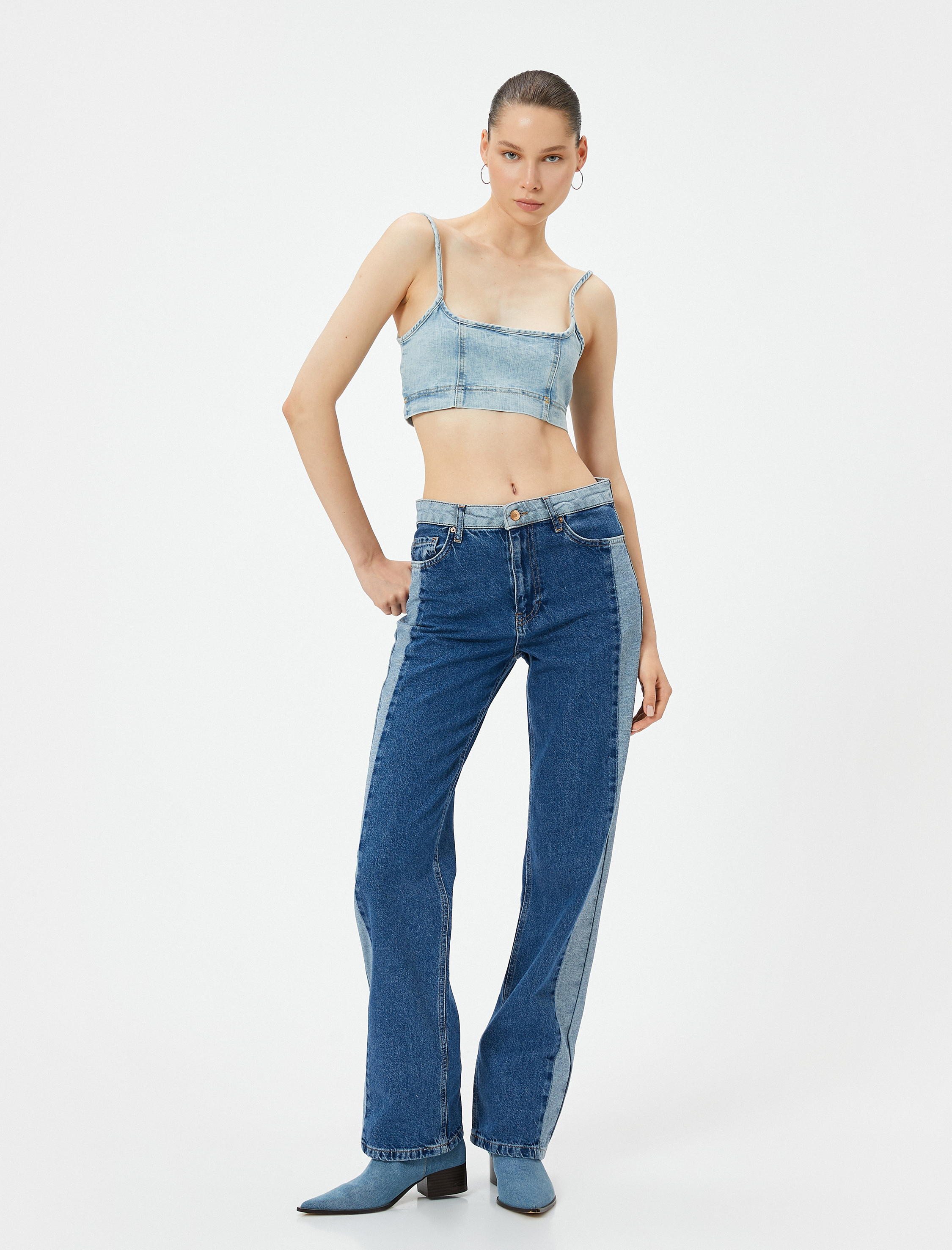   Çift Renk Düz Paça Kot Pantolon Yüksek Bel Cepli - Nora Longer Straight Jeans