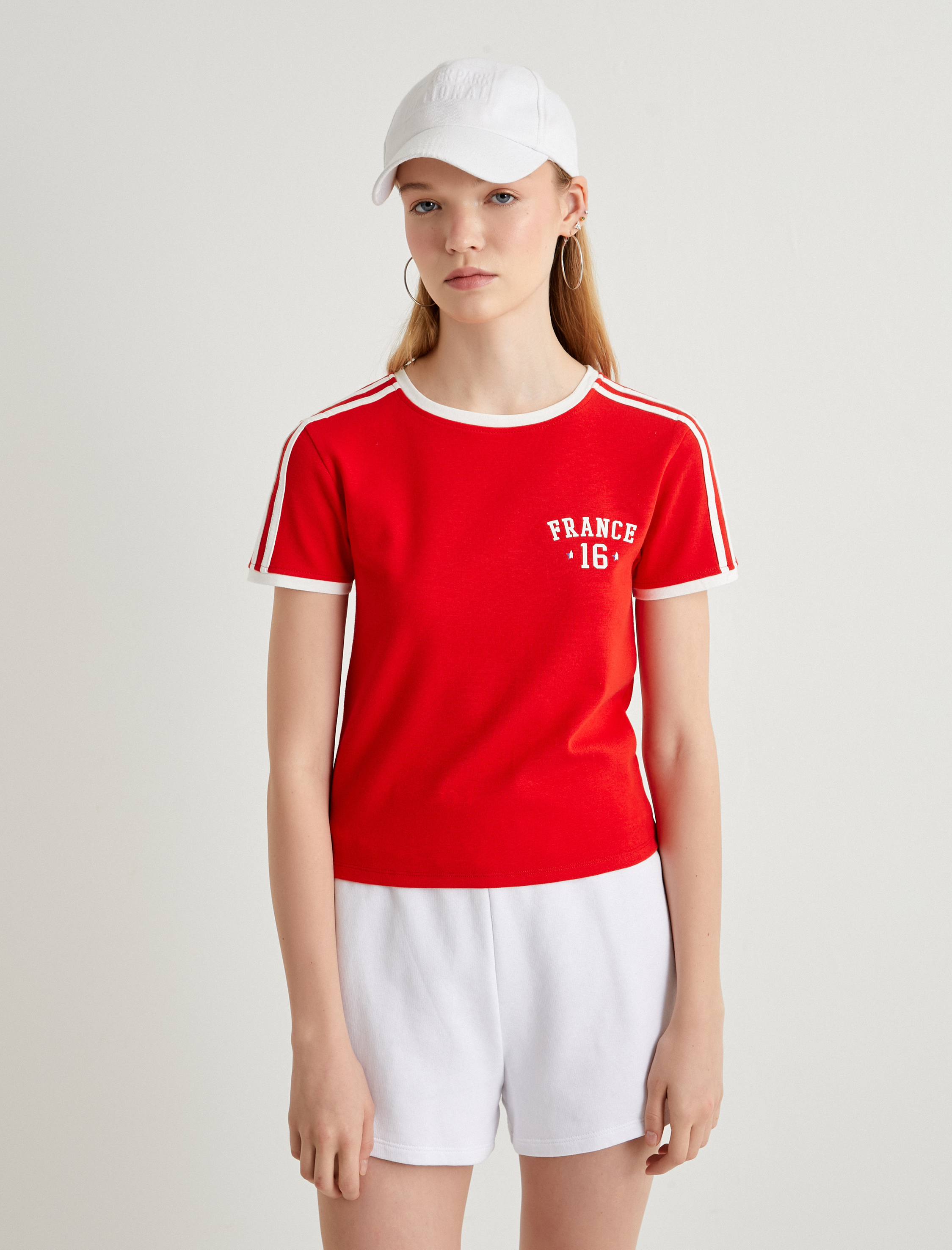   Vintage Forma Tişört Çizgili Arkası Rakam Baskılı Kısa Kollu Bisiklet Yaka