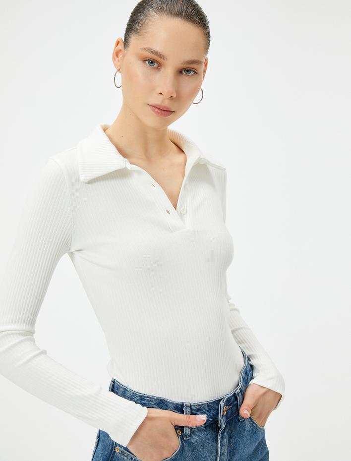  Polo Yaka Tişört Uzun Kollu Düğmeli Kaşkorse Slim Fit Pamuklu
