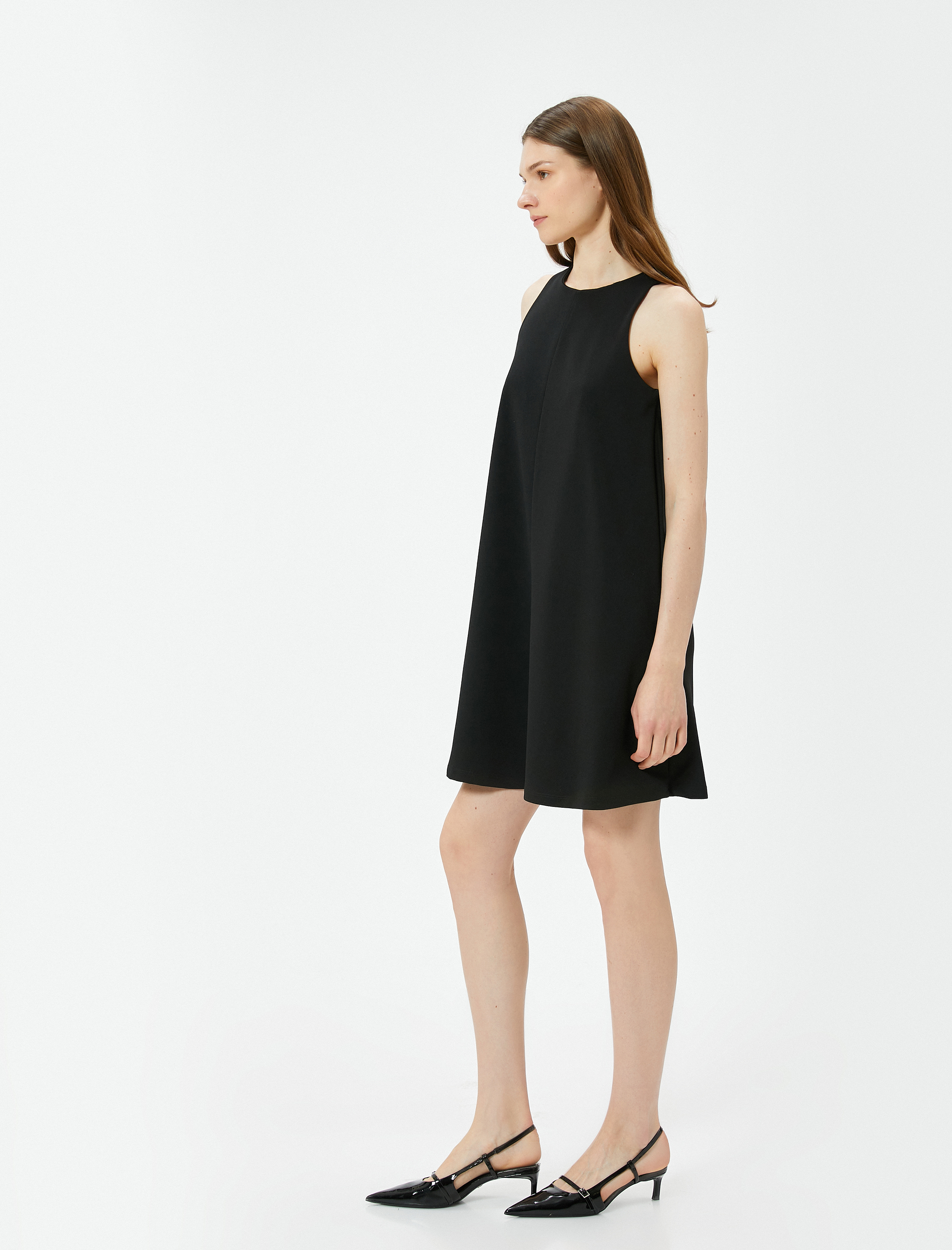   Mini Kloş Elbise Rahat Kalıp Kolsuz Bisiklet Yaka