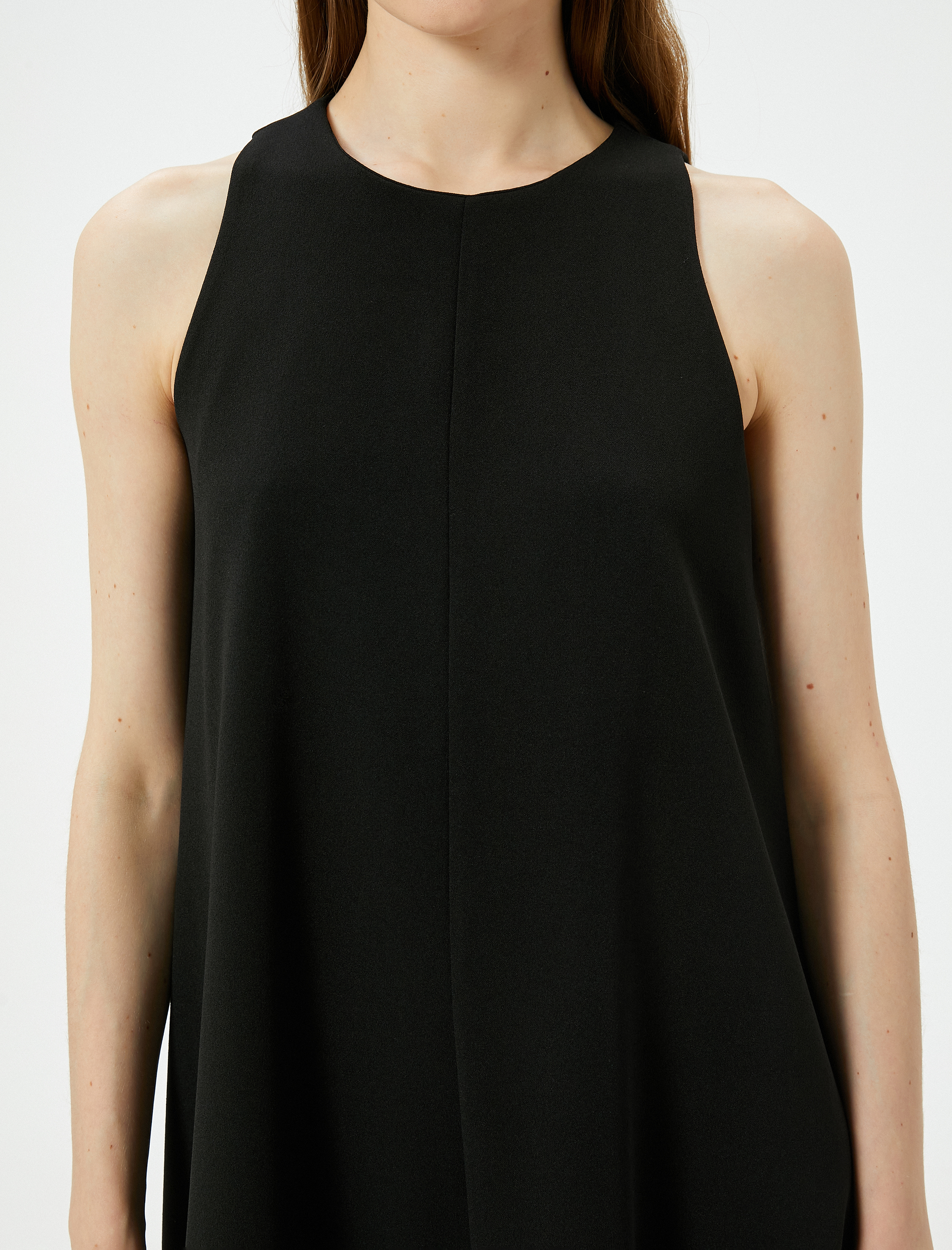   Mini Kloş Elbise Rahat Kalıp Kolsuz Bisiklet Yaka