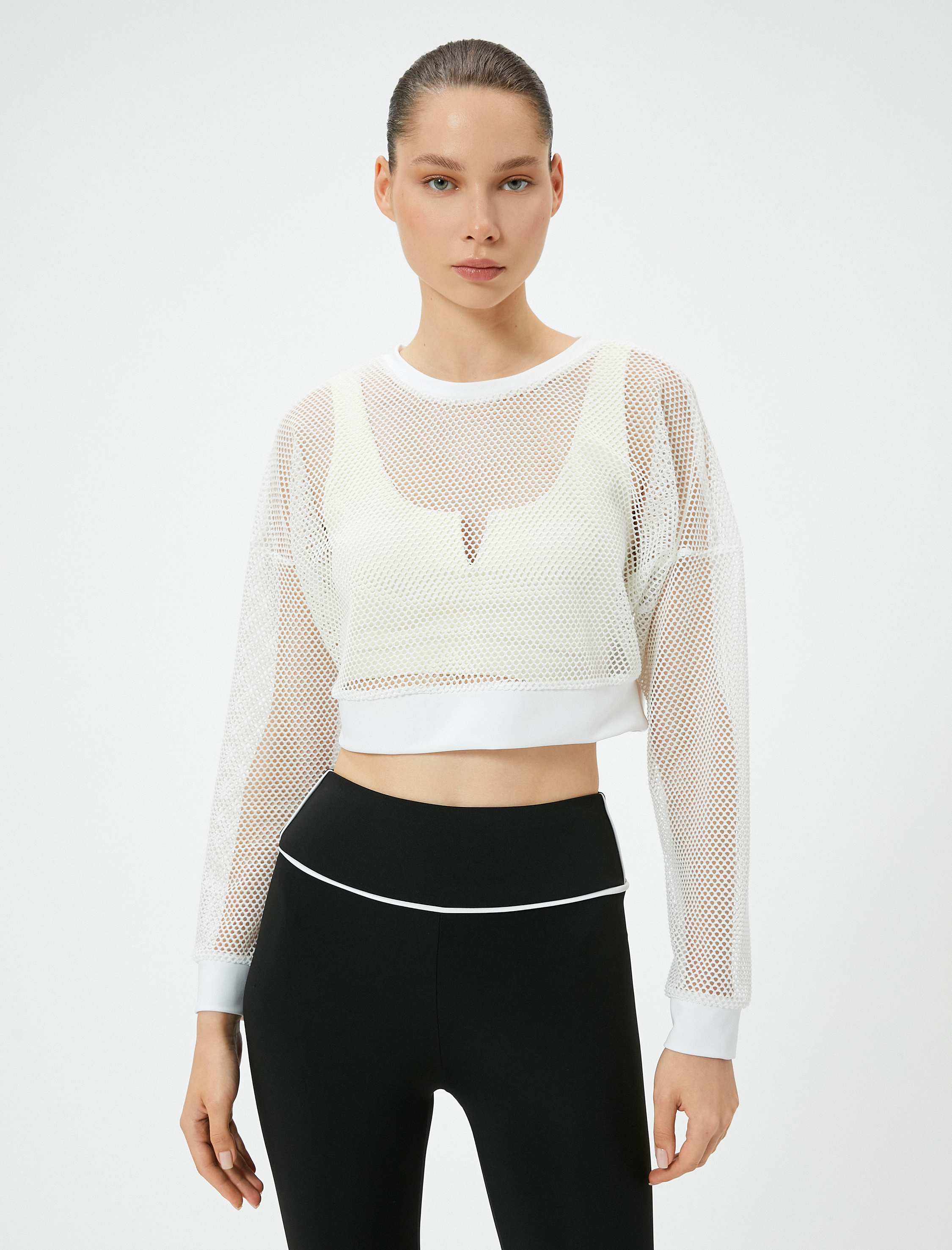   File Detaylı Uzun Kollu Spor Crop Tişört