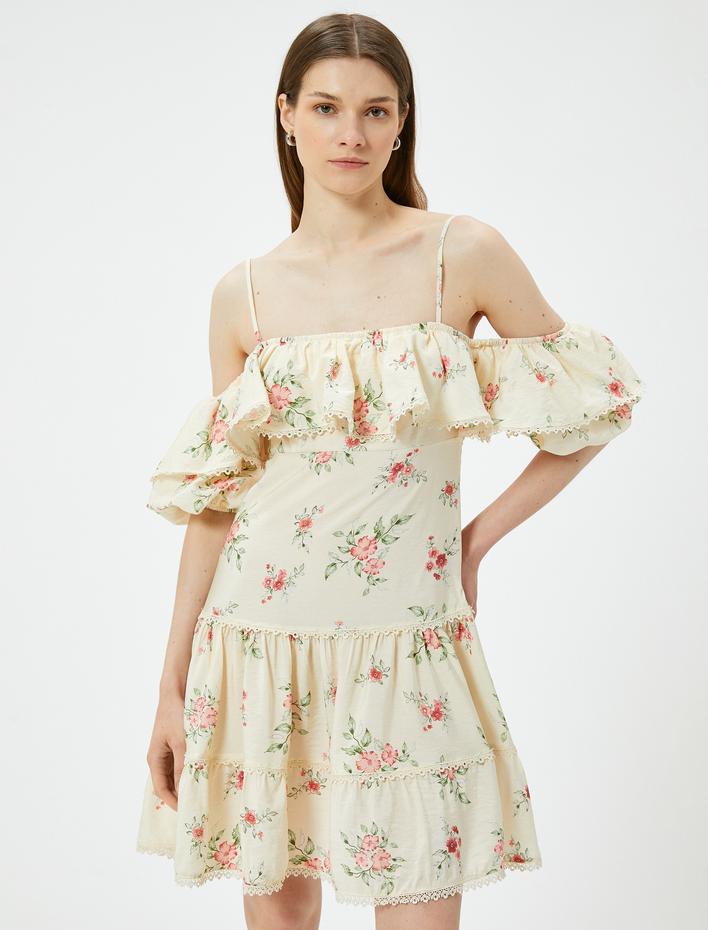  Madonna Yaka Omzu Açık Çiçekli Elbise Mini Askılı Volanlı Viskon