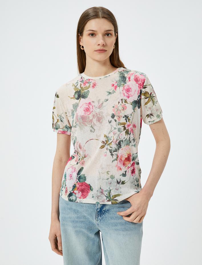 Çiçekli Bluz Bisiklet Yaka Kısa Kollu Standart Kesim