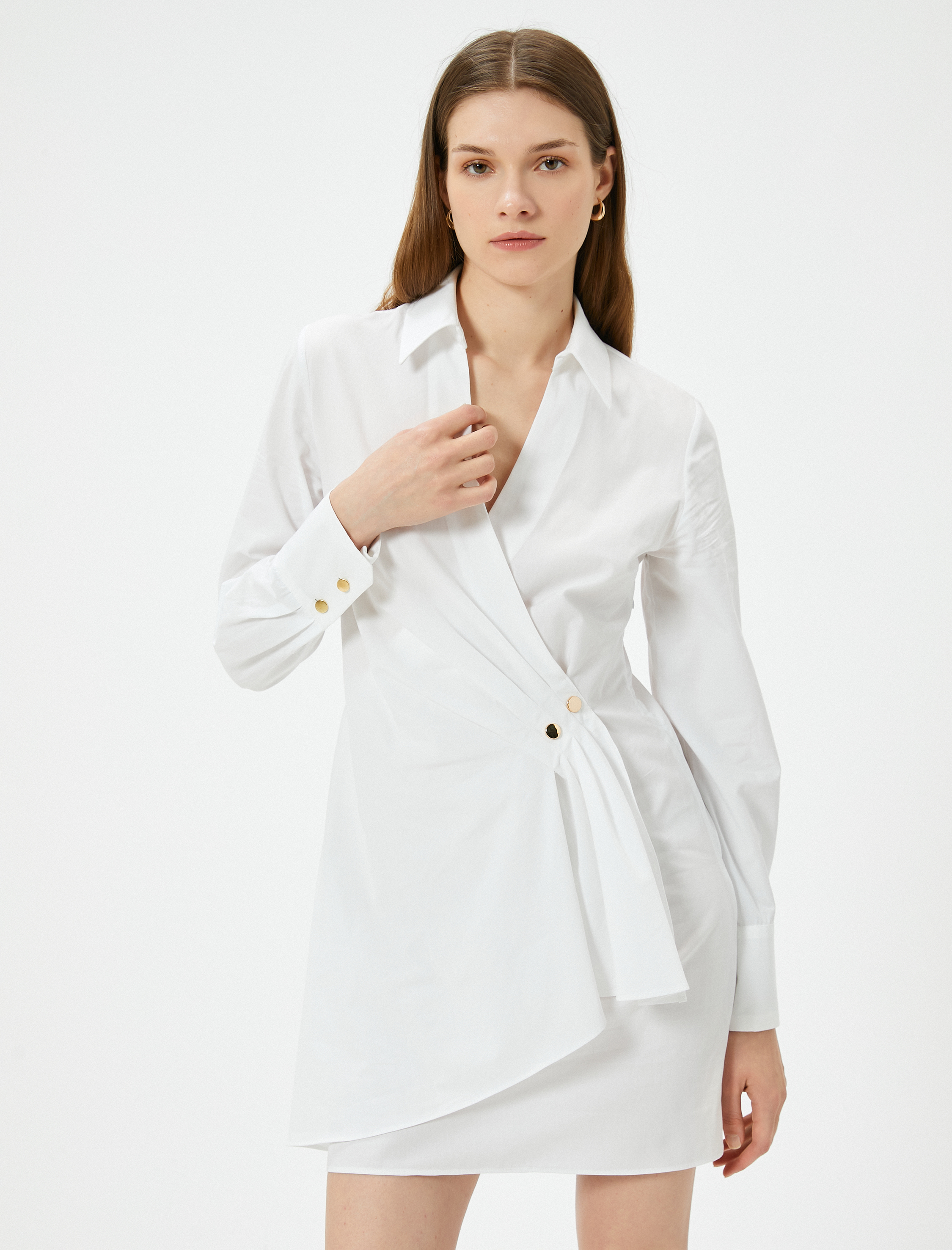   Gömlek Elbise Anvelop Düğmeli V Yaka Pamuklu