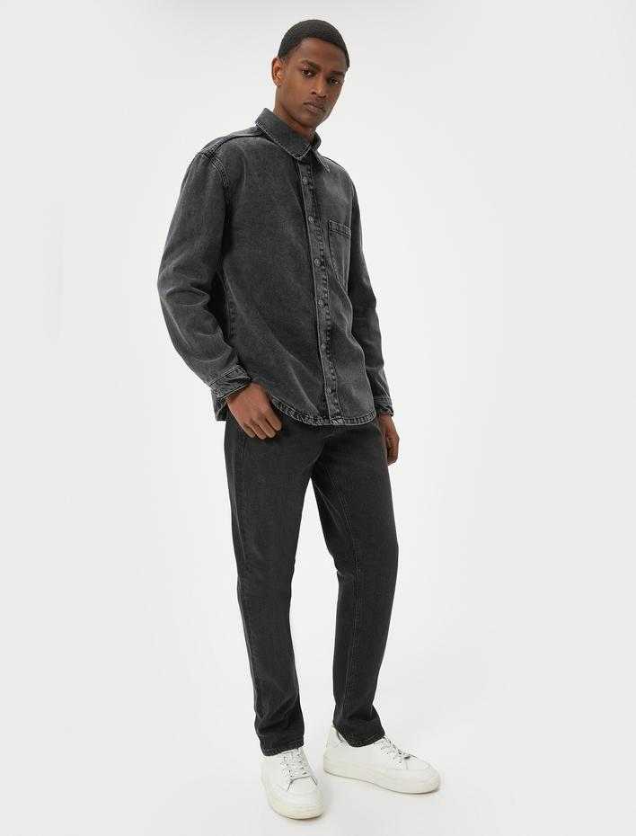  Yıkamalı Kot Gömlek Ceket Uzun Kollu Tek Cep Detaylı Klasik Yaka Pamuklu