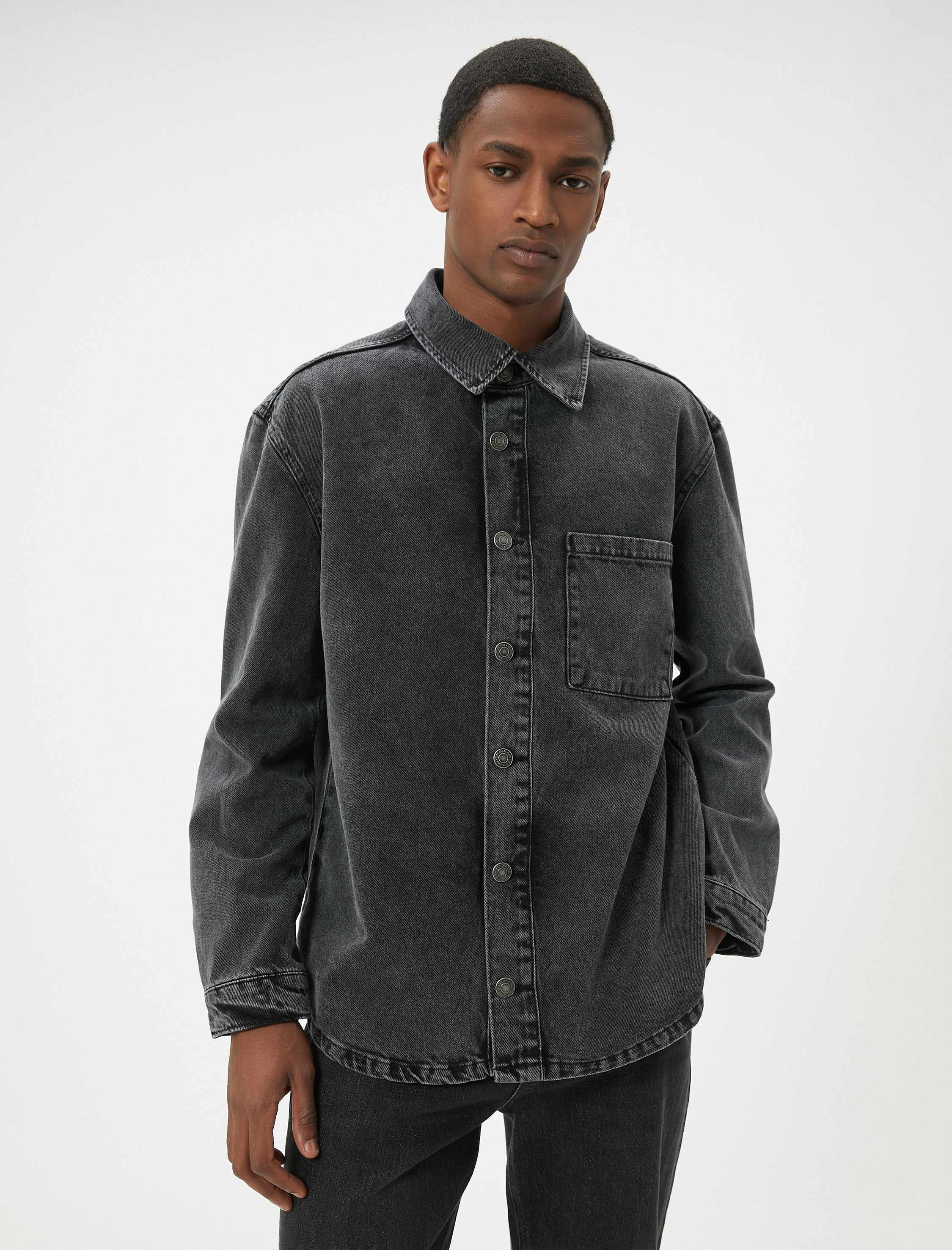 Yıkamalı Kot Gömlek Ceket Uzun Kollu Tek Cep Detaylı Klasik Yaka Pamuklu