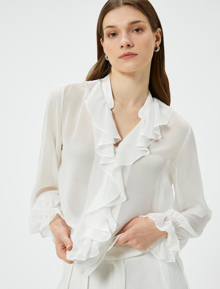  Şifon Gömlek Fırfırlı V Yaka Balon Kollu