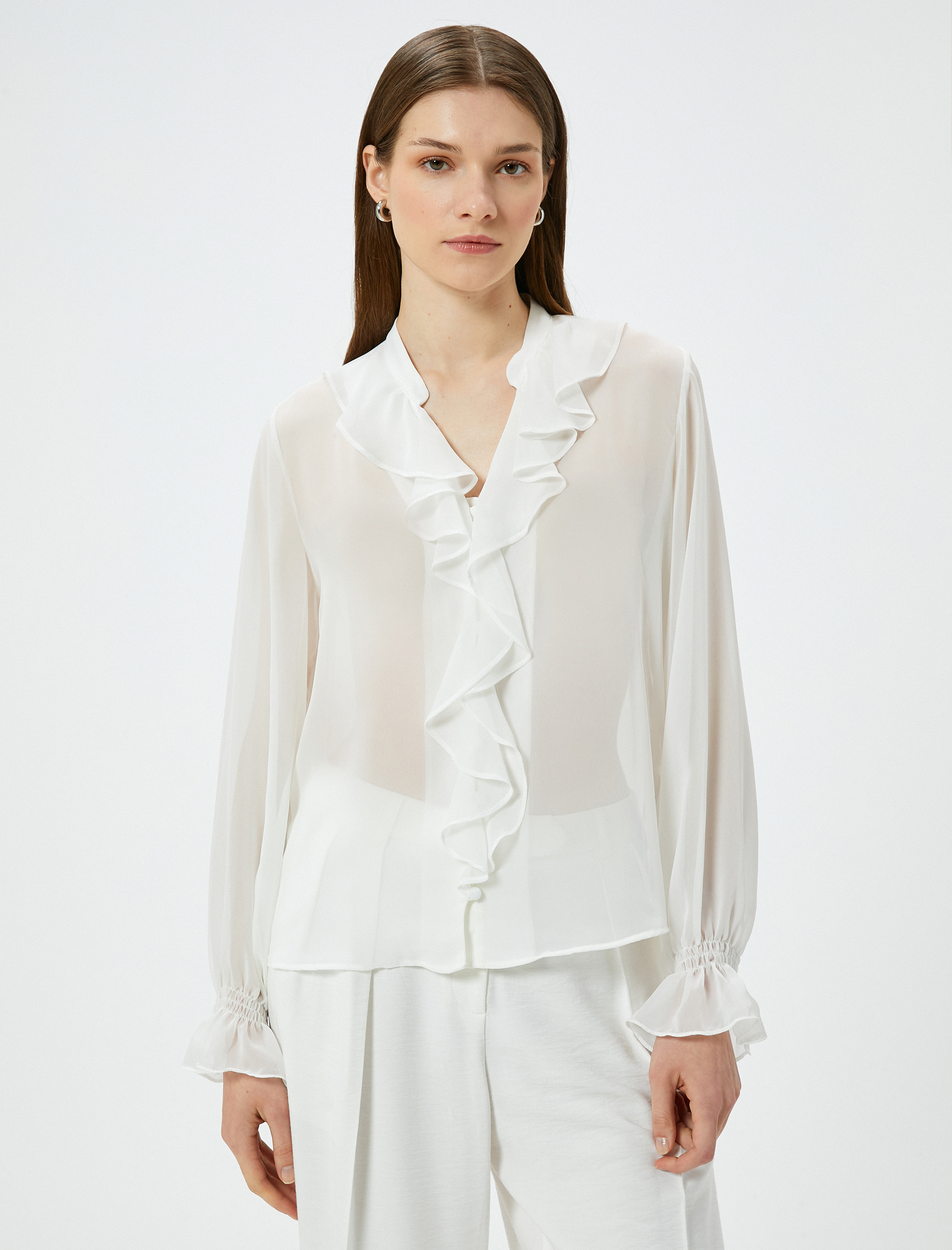   Şifon Gömlek Fırfırlı V Yaka Balon Kollu