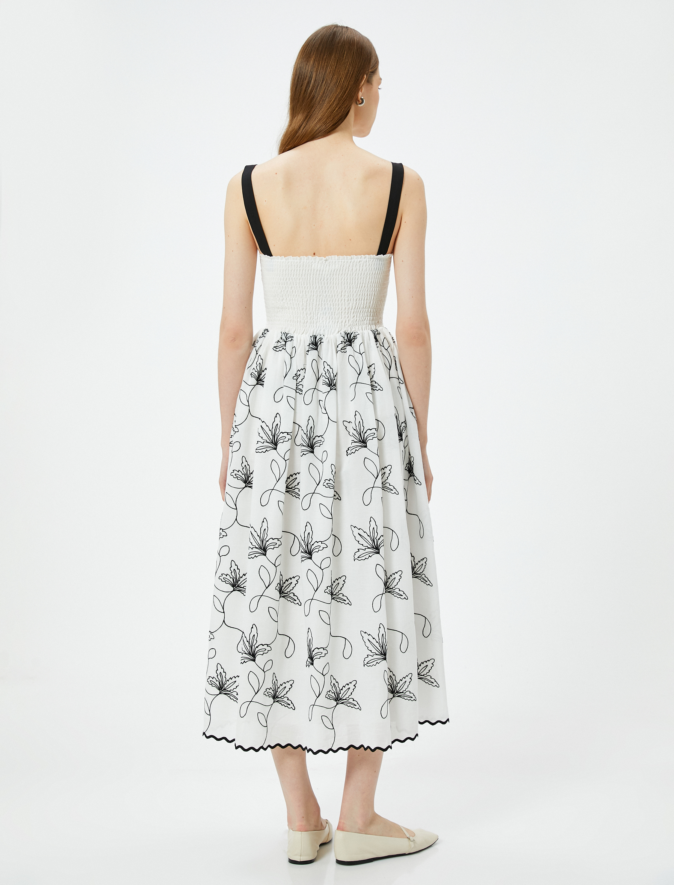   Çiçekli Midi Elbise Gipeli Askılı Kare Yaka