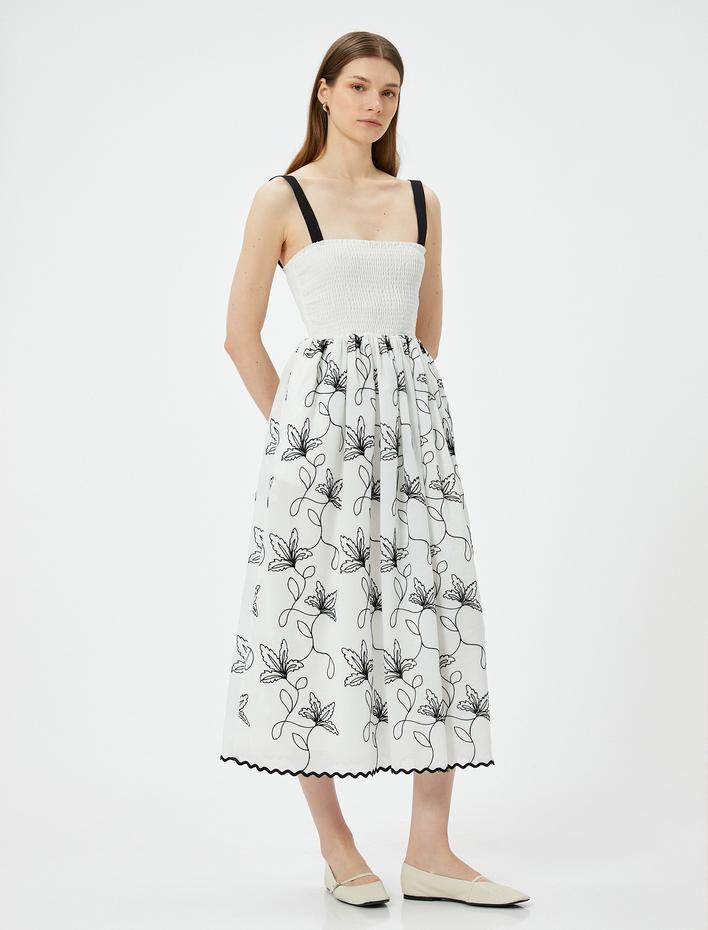  Çiçekli Midi Elbise Gipeli Askılı Kare Yaka