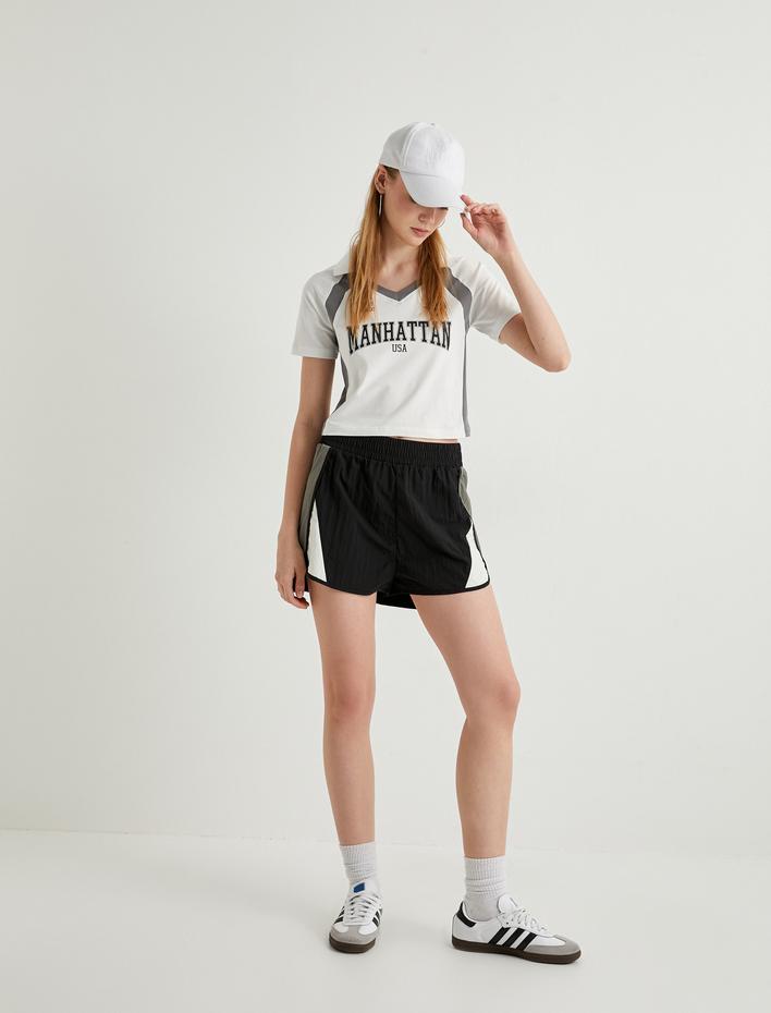  Crop Polo Tişört V Yaka Kısa Kollu Slim Fit