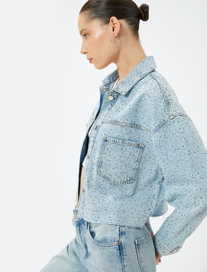  Taşlı Kot Ceket Cep Detaylı Rahat Kalıp