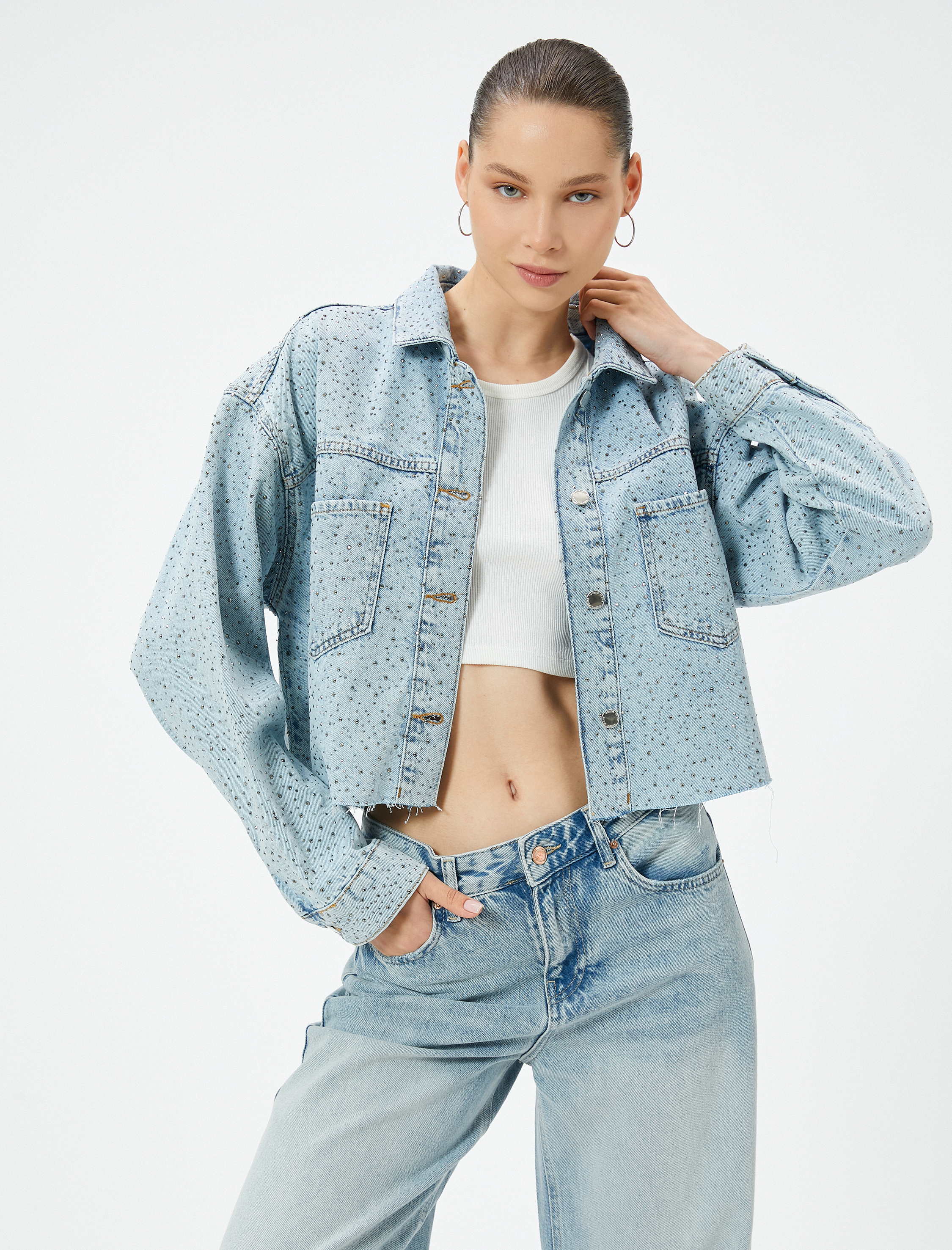   Taşlı Kot Ceket Cep Detaylı Rahat Kalıp