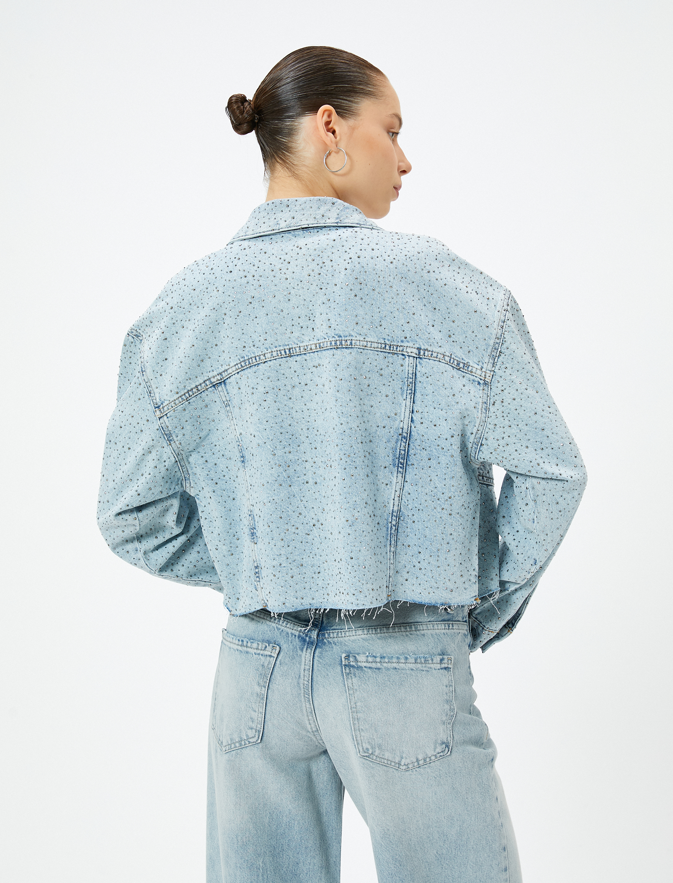   Taşlı Kot Ceket Cep Detaylı Rahat Kalıp