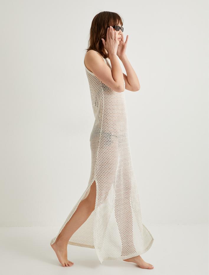  Uzun Kroşe Plaj Elbisesi Ajurlu Bisiklet Yaka Yırtmaç Detaylı