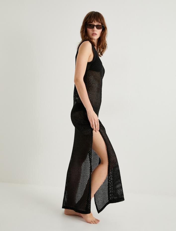  Uzun Kroşe Plaj Elbisesi Ajurlu Bisiklet Yaka Yırtmaç Detaylı